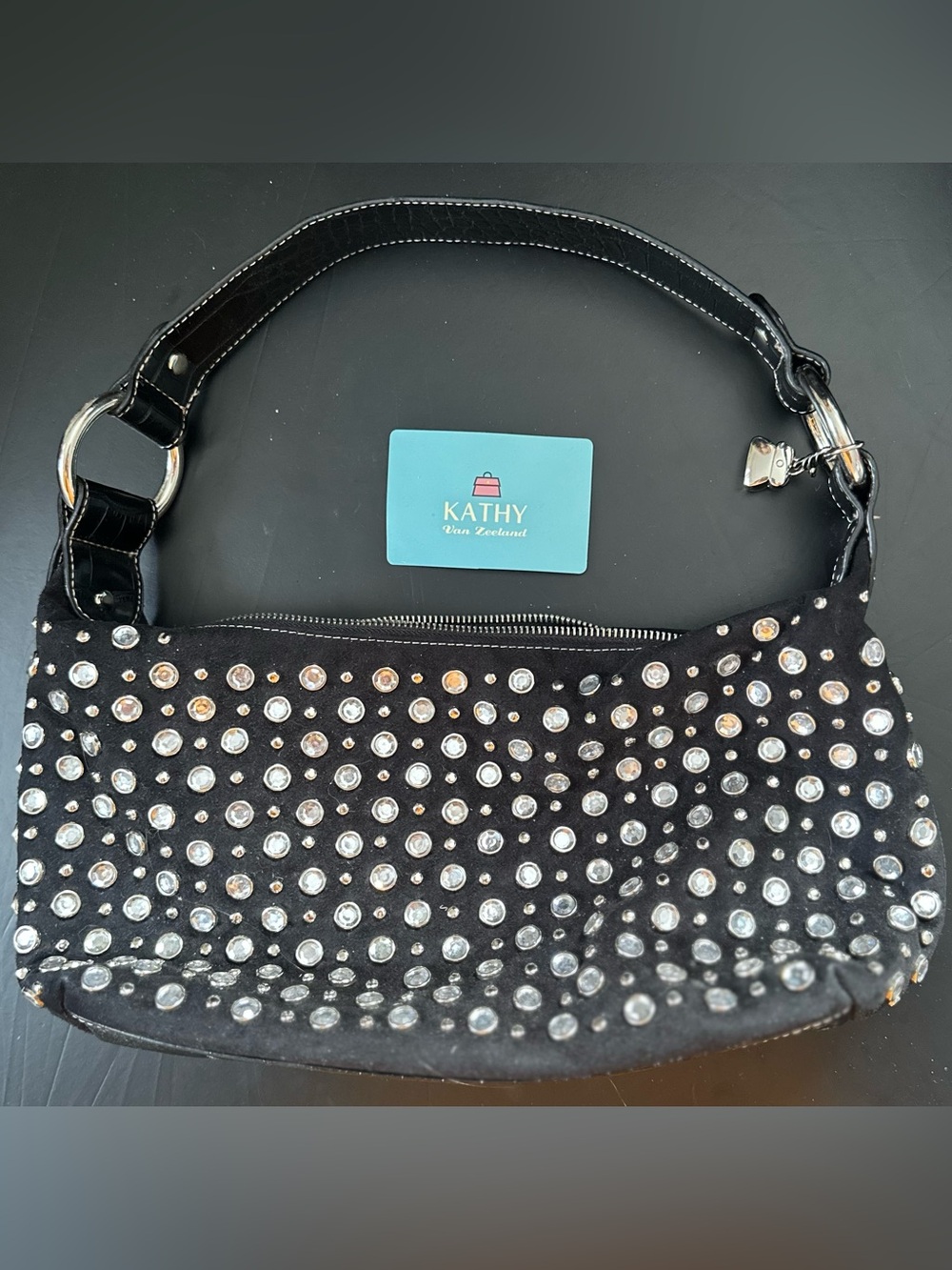 New Vintage Y2K Kathy Van Zeeland Black Shoulder Bag with Crystal Studs